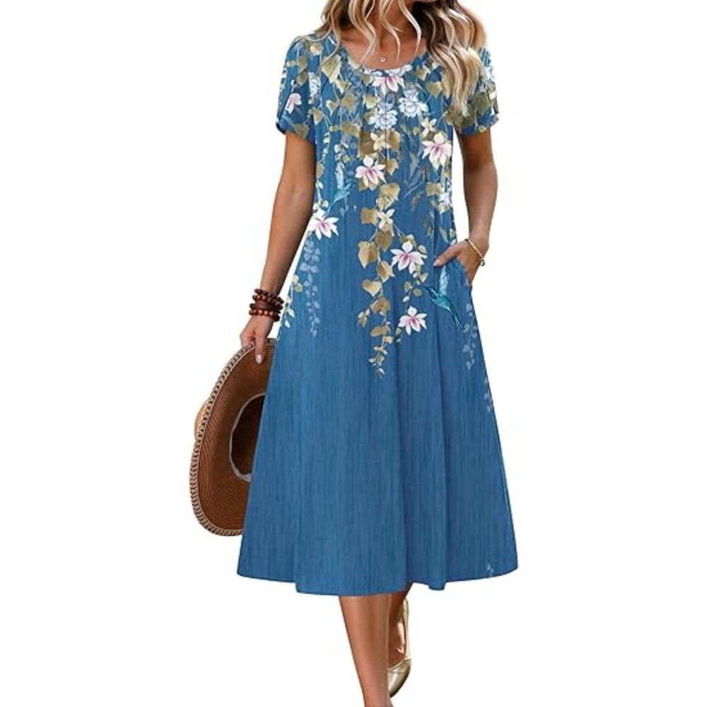 Women's Blue Printed Blend Crew-Neck A Line Short Sleeve Flowy Boho Sundress